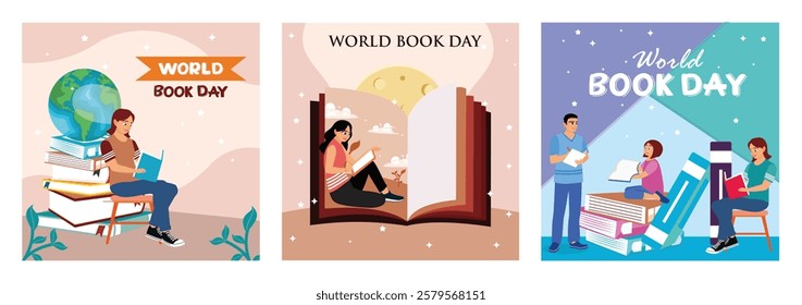 World Book Day celebration featuring readers, books and a globe. Promote the habit of reading books. Happy Book Day concept. Set flat vector illustration.