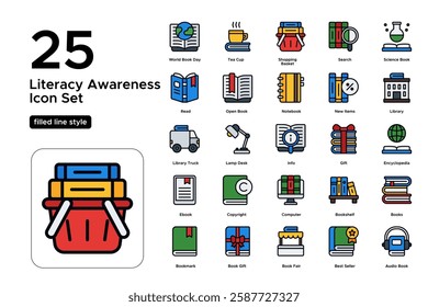 World Book Day Celebration. Reading, Literature, and Book Lover Icons. Education and Learning Symbols. Vector Illustration.