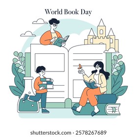 World Book Day celebration. A scene highlighting the joy of reading with children and adults immersed in books. Elements include open books, nature, and a whimsical castle, representing imagination