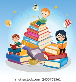 World book day children kid sit reading on stack Book knowleadge imagination concrentrate cartoon illustration design