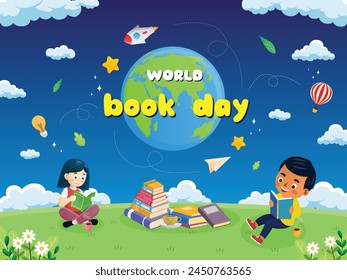 World book day children kid reading meadow blue sky cartoon illustration happy design