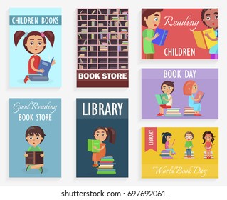 World book day in children library of bookstore vector illustration. Bookcase with shelves and literature, reading kids.
