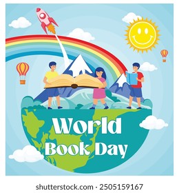 World Book Day, children reading books, Education Concept, Flat vector modern illustration 