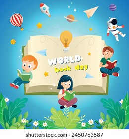 World book day childrens kids reading concentrate knowleadge imagination around nature cartoon illustration background design