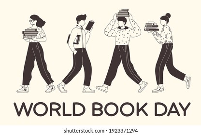 Día Mundial del Libro. Colección de jóvenes leyendo libros. Amantes del libro, fans de la literatura. Ilustración vectorial plana aislada en fondo blanco.