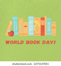 Día Mundial del Libro. Una postal de colores sobre un fondo verde. Ilustración vectorial de dibujos animados. 