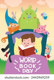 World Book Day. Colorful poster with little boy lying on bed and reading textbook surrounded by various cute fairy tale characters. Child lover of literature. Cartoon flat vector illustration