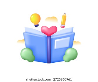 Concepto del Día Mundial del Libro. Ilustración vectorial 3D de un libro abierto con una lámpara, corazón, lápiz y símbolos de arbusto. Fuente de conocimiento, educación, alfabetización y ciencia. Celebración o evento. Elemento de estilo 3D. El fondo blanco.