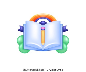 Konzept des Weltbuchtages. 3D-Vektorgrafik eines offenen Buches mit Bändern, Regenbogen, Bleistift und Buschsymbolen. Quelle von Wissen, Bildung, Alphabetisierung und Wissenschaft. Feier oder Veranstaltung. 3D-Stilelement. Weißer Hintergrund.