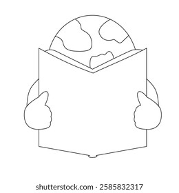 World book day concept design. Earth reading book in outline style 
