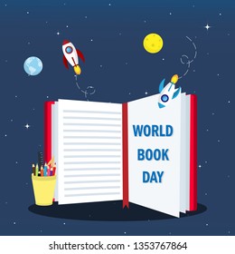 World book day concept. fly with the book ,stationary and rocket with galaxy background. education and creative concept.