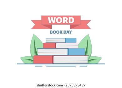 world book day concept. fond of reading books. illustration of stack of books, leaves. knowledge and hobby. happy reader reading book with flat style design. element. flat vector illustration.