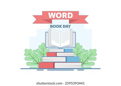 world book day concept. fond of reading books. illustration of stack of books, leaves. knowledge and hobby. happy reader reading book with flat style design. element. flat vector illustration.