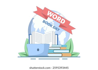 world book day concept. fond of reading books. illustration of stack of books, leaves. knowledge and hobby. happy reader reading book with flat style design. element. flat vector illustration.