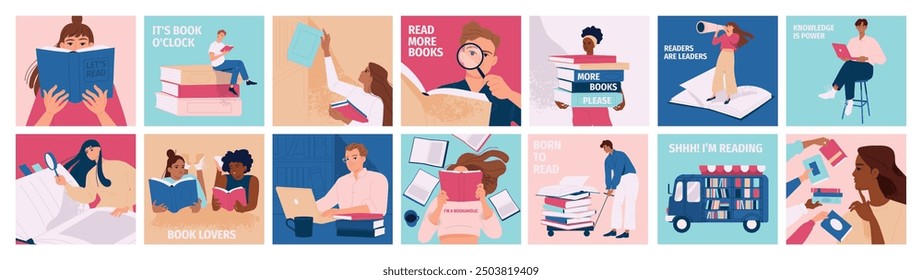 Día Mundial del Libro. Concepto de conocimiento, educación y aprendizaje. Personajes felices leyendo libros. Aficionados a la literatura. Postales para el festival del libro. Conjunto de Ilustración vectorial plana aislado sobre fondo blanco