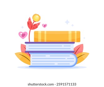 world book day concept. love reading books. illustration of stack of books with flowers and plants, leaves. knowledge and hobbies. flat style design. elements