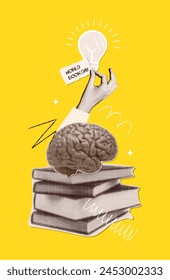 World book day concept. Nostalgic collage with halftone style book stack, brain and hand holding bulb. Education, wisdom and study. Intellectual development. Searching for ideas in a book. Vector