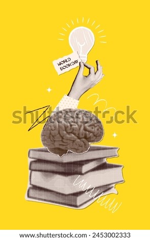 World book day concept. Nostalgic collage with halftone style book stack, brain and hand holding bulb. Education, wisdom and study. Intellectual development. Searching for ideas in a book. Vector