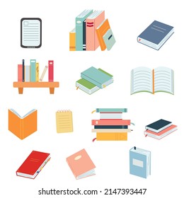 World book day concept, studying, learning. Stack of books in cartoon flat style. Vector illustration of hand drawn educational, encyclopedias, planner.