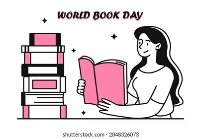 World Book Day concept. Woman sitting at table and reading literary work. Bookstore or library. Teenager spends time reading books. Cartoon doodle flat vector illustration isolated on white background