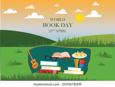 World book day creative concept horizontal banner, poster, social media post educational flat Vector illustration.