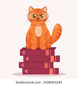 Día Mundial del Libro, lindo gato con gafas sentado en los libros. Vector lindo divertido nerd naranja ginger gato con gafas. dibujos animados de mascotas vector de dibujo
