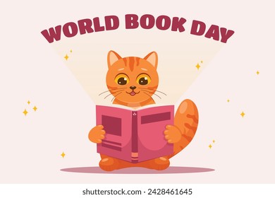 Día Mundial del Libro, linda lectura de gatos. Vector lindo divertido nerd naranja gato rojo libro de lectura mascota dibujo de dibujos animados vector