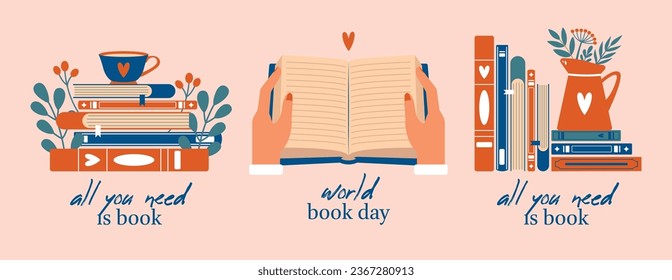 World Book Day. Cute set of clip arts with stack of books, cup, plants, leaves, berries, jug, text. Vector illustrations in modern trendy flat style. For stickers, banners, cards, posters.