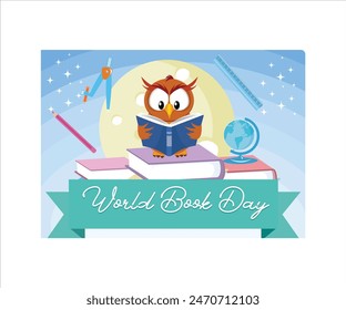 World Book Day Design by Owl Reading A Book. Flat vector modern illustration 