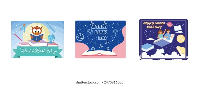 World Book Day Design by Owl Reading A Book. World Book Day background concept with copy space area for text. World Book Day with Children. Set flat vector illustration 