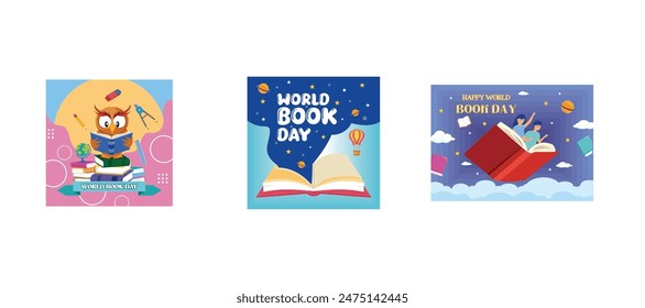 World Book Day Design by Owl Reading A Book. World Book Day. Open book with blue sky background. Increase Insight and Knowledge Suitable for Wallpaper or Posters. Set flat vector modern illustration