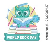 World Book Day Design Illustration by Owl Reading A Book