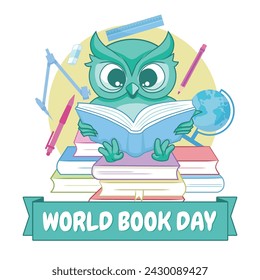 World Book Day Design Illustration by Owl Reading A Book