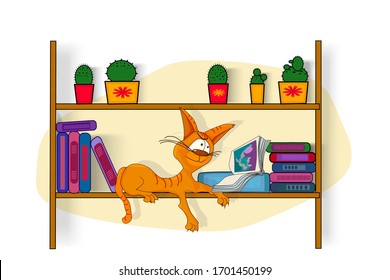 World Book Day. Different color books with ornament on shelf with cat on bookshelf. Tabby red cat lying on wooden bookshelf.  Brown cat reading book. Education concept. Stock vector illustration