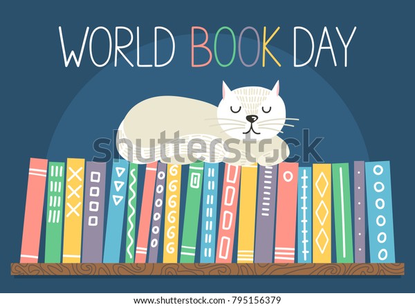 World Book Day. Different color books with\
ornament on shelf with white cat sleeping on bookshelf on blue\
background. Vector\
illustration.