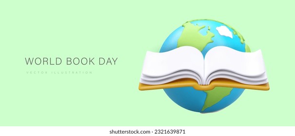 World Book Day. Education, development, awareness. Reading promotion. Library holiday. Giant 3D globe, open book. Time to study and read. Modern banner
