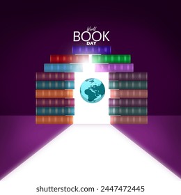 World Book Day event banner. A pile of books forms a light emitting gate with the earth inside to celebrate on April 23rd