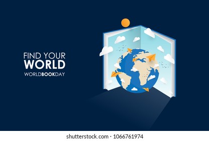 world book day, find your world with the book. Creative design with blue background.