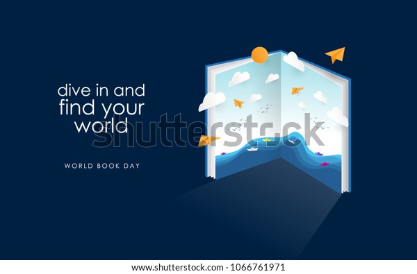 world book day, find your world with the\
book. Creative design with blue\
background.