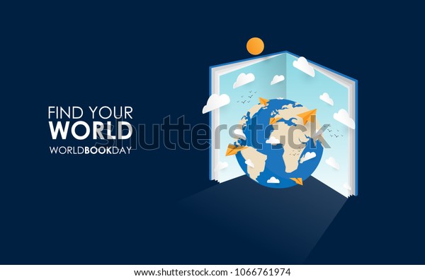 world book day, find your world with the\
book. Creative design with blue\
background.