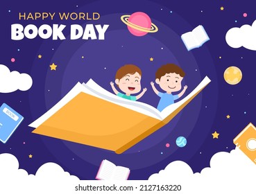 World Book Day Flat Cartoon Background Illustration with Children . Stack of Books to Reading, Increase Insight and Knowledge Suitable for Wallpaper or Poster