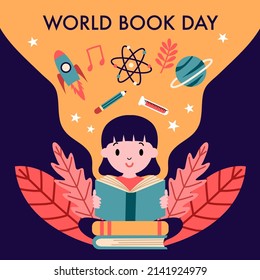 Concepto de ilustración vectorial plana del Día Mundial del Libro. Adecuado para papel tapiz, afiche, banner, fondo, tarjeta, ilustración de libro y página web de aterrizaje.