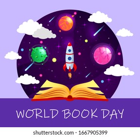 World book day. Fly with the book. The book and rocket in space with purple background. Education and creative concept.