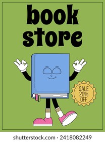 World book day flyer. Funky character book with psychedelic smile. Retro mascot cartoon style. Book reading festival, bookstore sale. Vector illustration