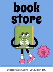 World book day flyer. Funky character book with psychedelic smile. Retro mascot cartoon style. Book reading festival, bookstore sale. Vector illustration