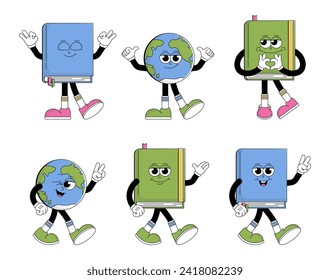 World book day. Funky character book and globe Earth with psychedelic smile. Retro mascot cartoon style. Vector illustration