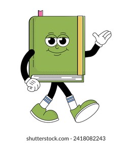 World book day. Funky character book with psychedelic smile. Retro mascot card cartoon style. Book reading festival, bookstore. Vector illustration