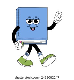 World book day. Funky character book with psychedelic smile. Retro mascot card cartoon style. Book reading festival, bookstore. Vector illustration