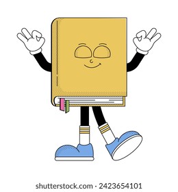Día mundial del libro. Libro de personajes divertidos con sonrisa psicodélica. Estilo de caricatura de la tarjeta de mascota retro. Festival de lectura de libros, librería. Ilustración del vector