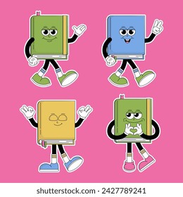 World book day. Funky character books stickers with psychedelic smile. Retro mascot cartoon style. Education, back to school. Vector illustration